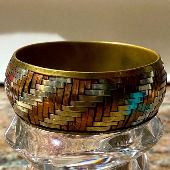 Vintage Silver Copper & Brass bangle bracelet Tri-Color Basket Weave Cuff VGUC - Picture 6 of 17